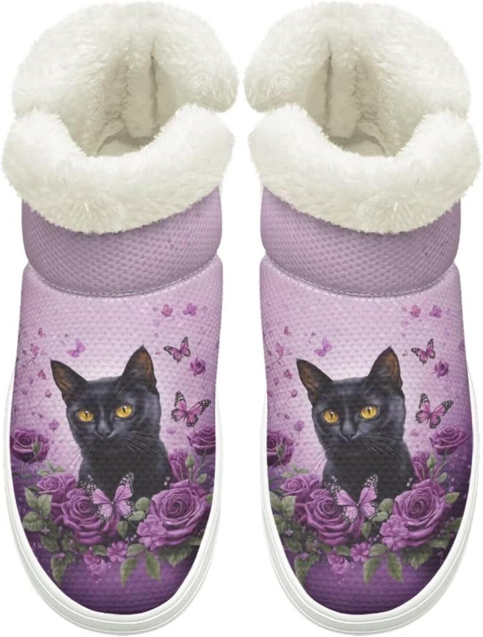 

Зимние Ботинки на Легком Надевании для Женщин и Мужчин с Эластичной Липучкой у Щиколотки, Пушистые Снежные Ботинки с Меховой Подкладкой, Удобные, Нескользящая Подошва Cugasmaru, Cat [Urple Flower