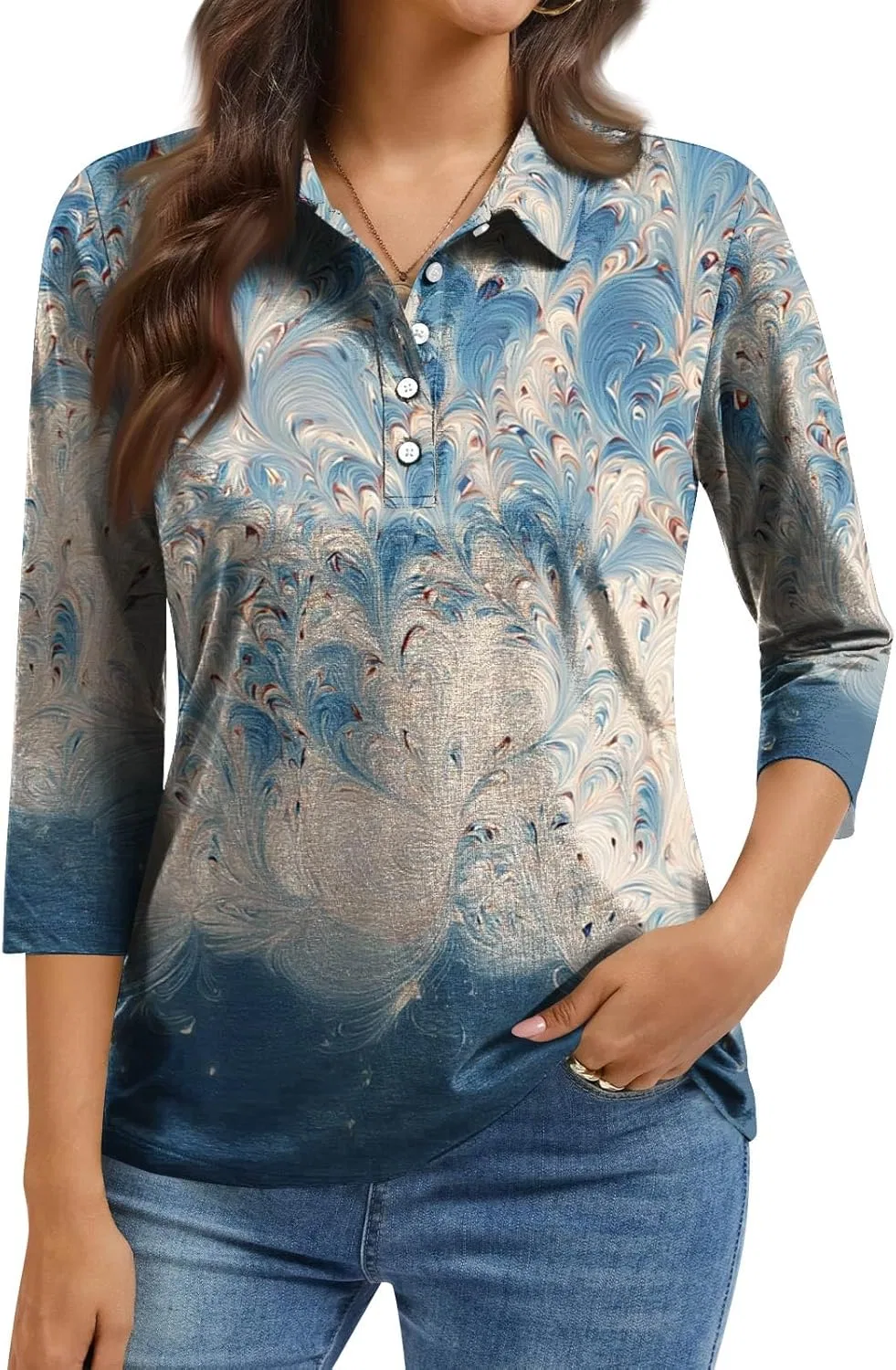 Женская блуза поло с принтом, на пуговицах, с рукавом 3/4, Plus Size, 3-light Blue