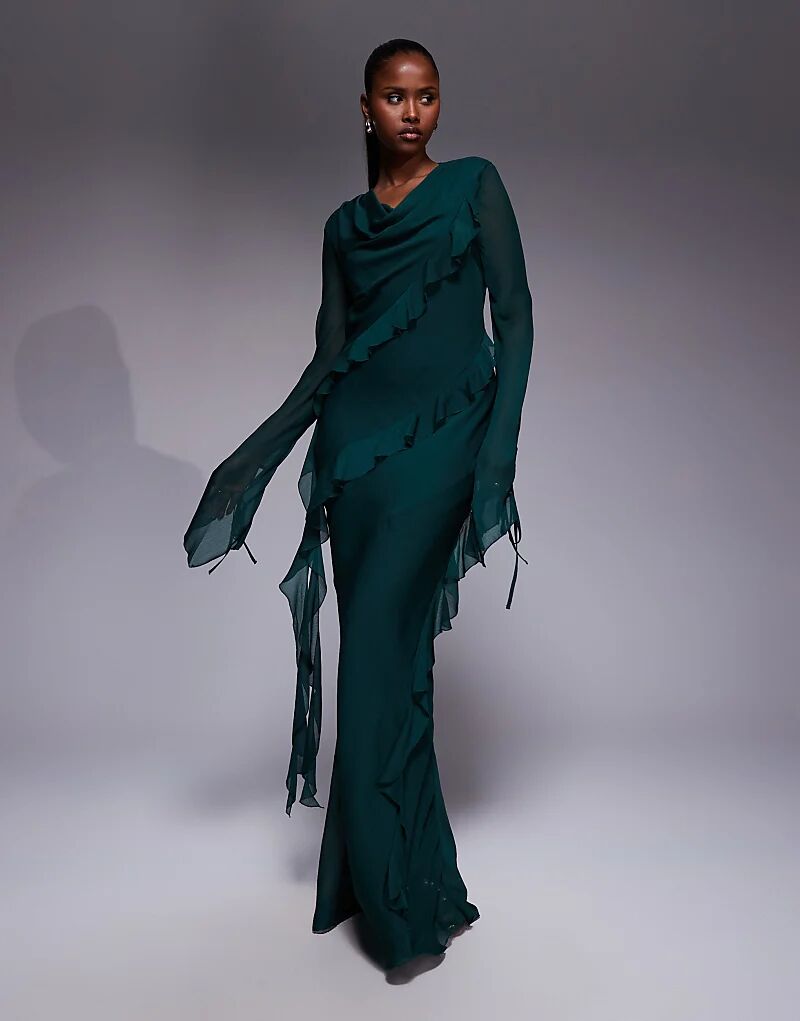 

Платье макси Daska из шифона с рюшами изумрудно-зеленого цвета