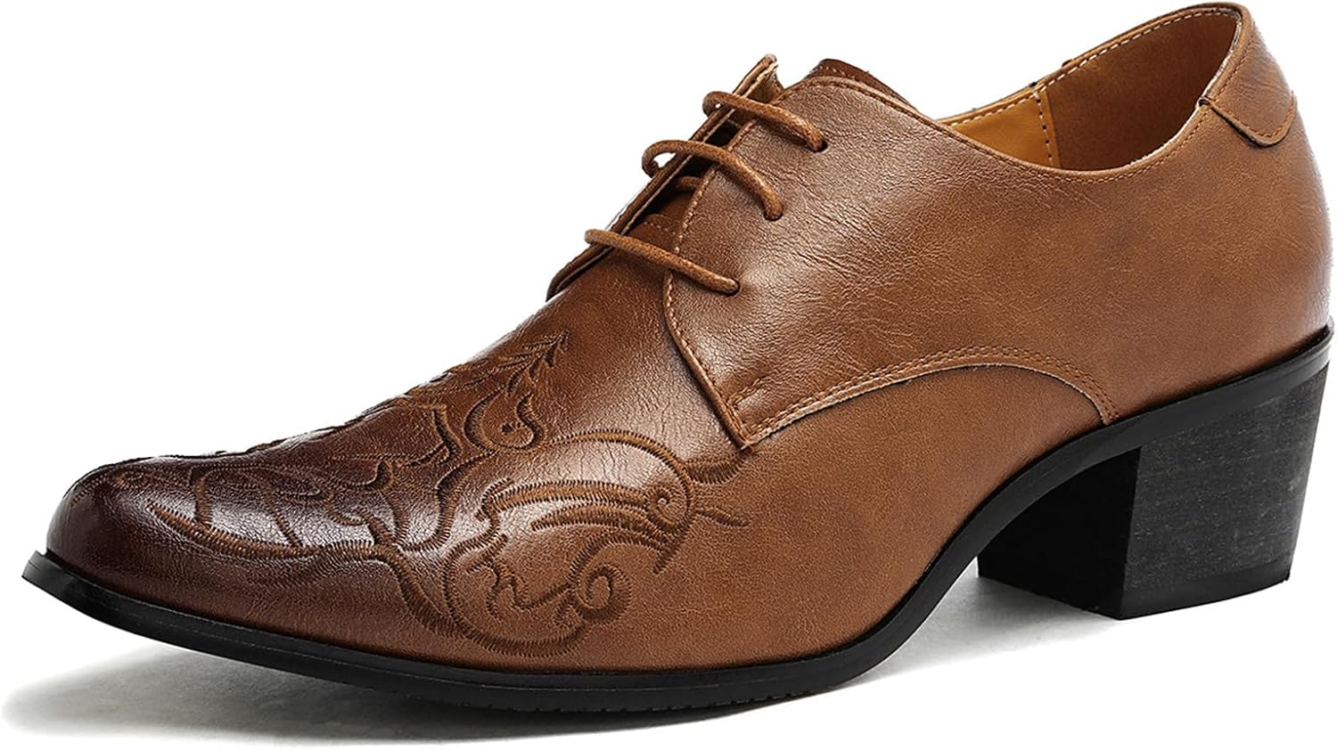 

Мужские ретро-оксфорды с вышивкой, блочным каблуком, заостренным носком с эффектом потертости, массивным каблуком, нескользящей подошвой и шнуровкой, формальная обувь для бизнеса, офиса и свадеб Bedgmdeg, коричневый
