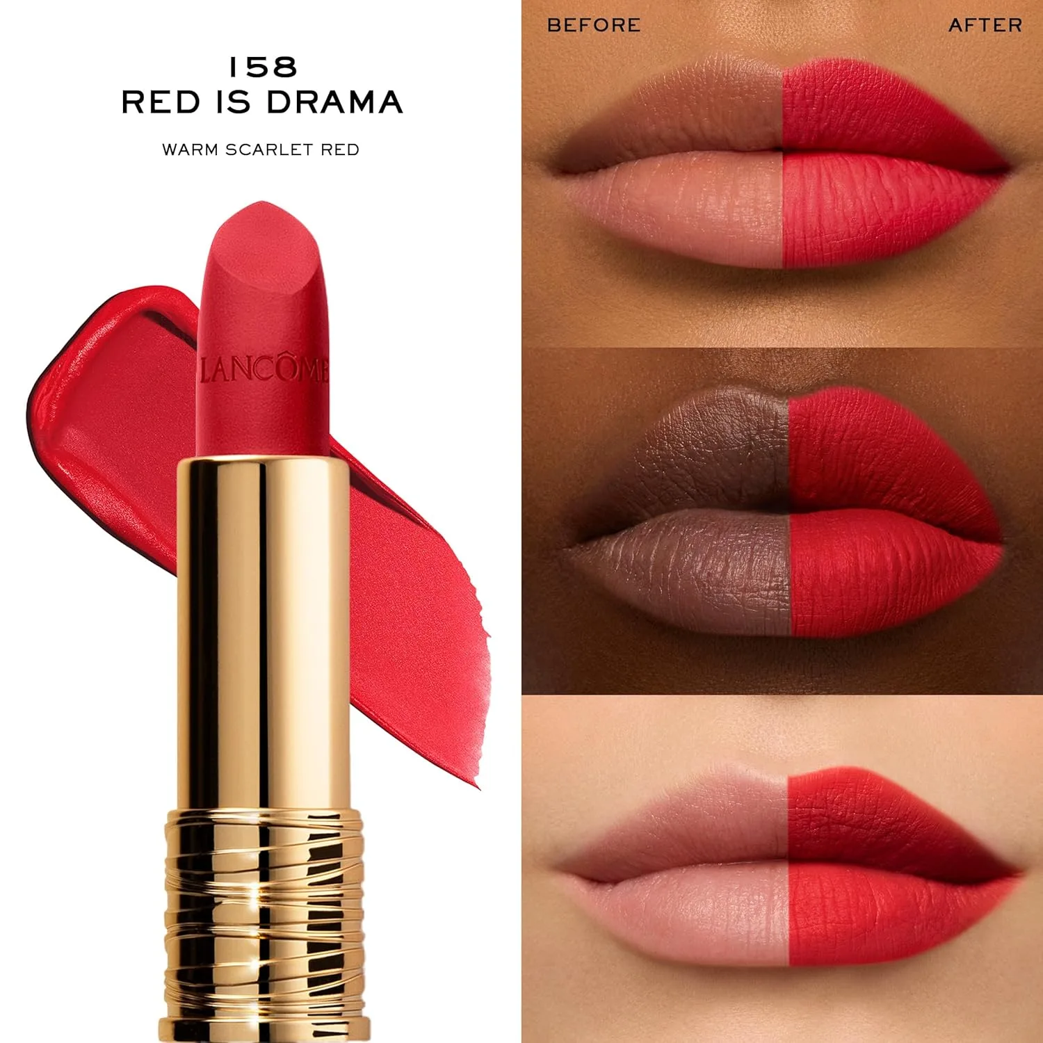 Матовая помада Lancôme L'Absolu Rouge Drama, ультраматовое покрытие, 8-часовое покрытие, керамиды, гиалуроновая кислота, экстракт розы для увлажнения и комфорта, стойкая к размазыванию., 168 Red Is Drama — фото 3