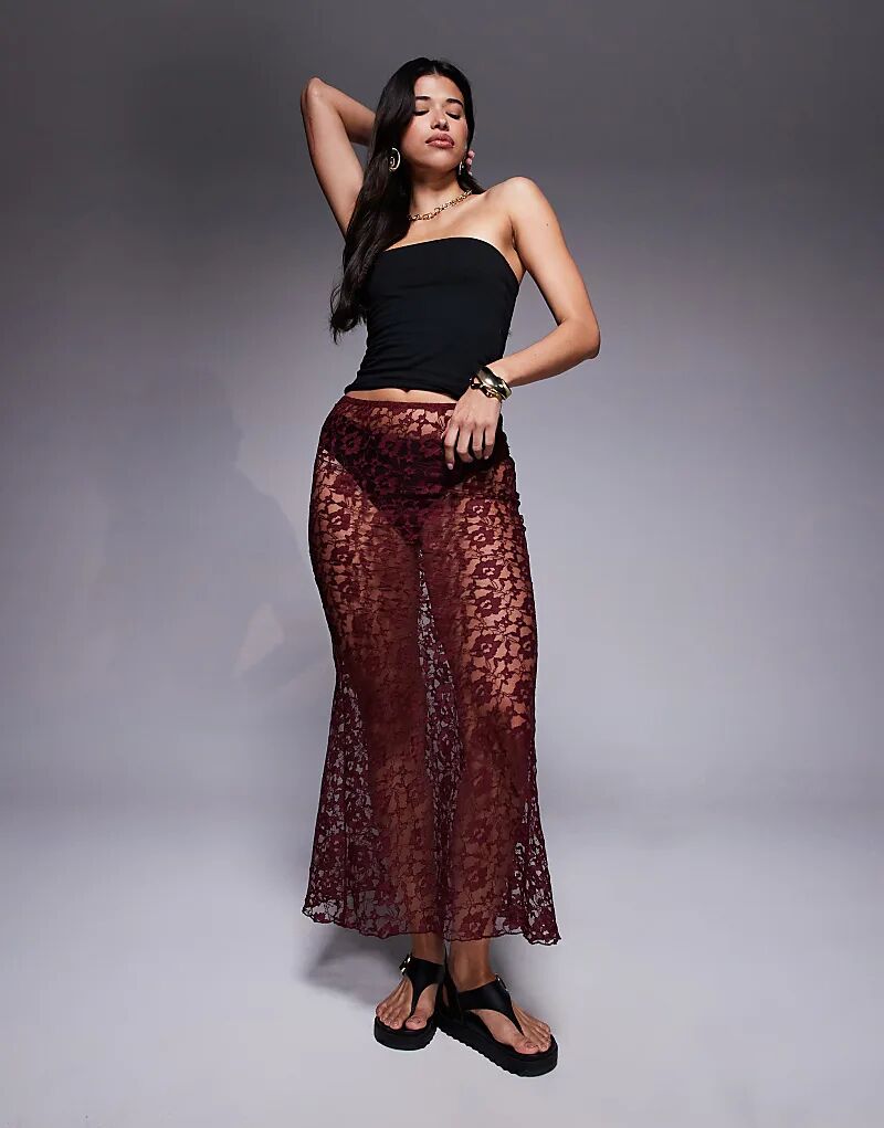 

Длинная юбка ASOS DESIGN с кружевом и косой окантовкой вишневого цвета
