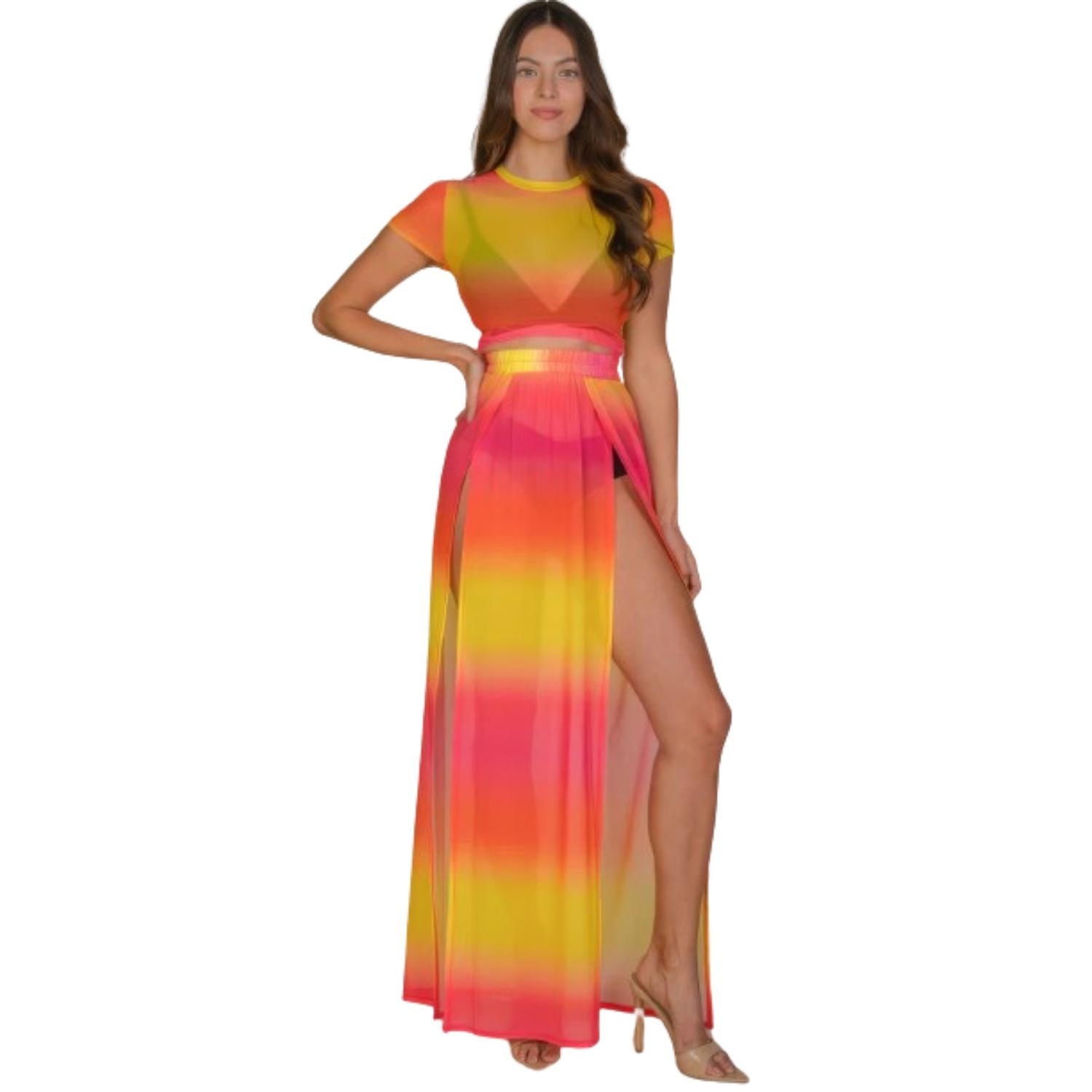 

Юбка макси с высоким разрезом и прозрачной сеткой FASHNZFAB, цвет yellow multi