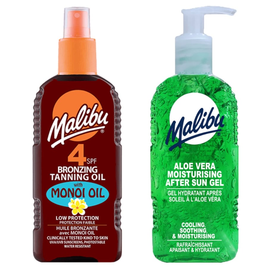 

Масло-спрей для загара Malibu SPF4 с монои и алоэ, гель после загара 200 мл