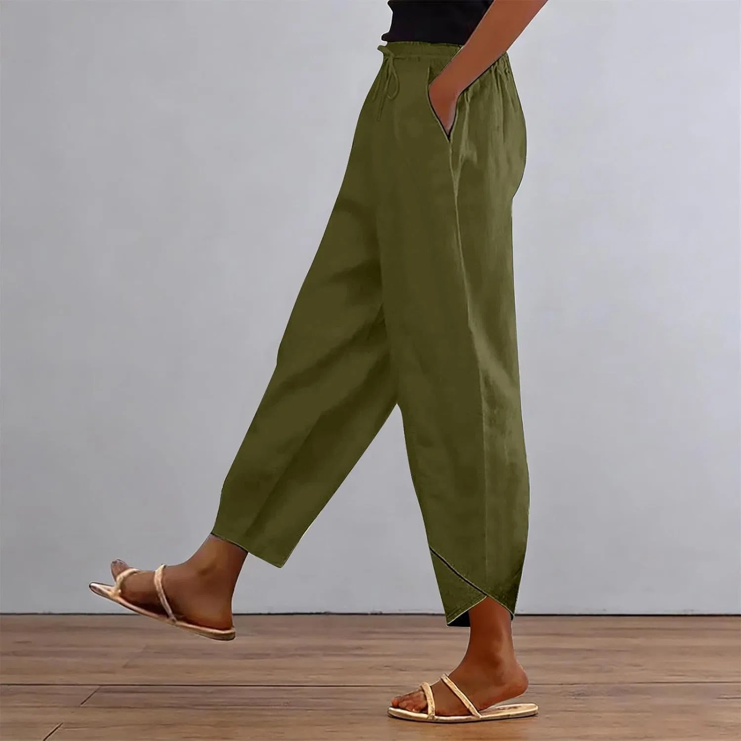 Брюки женские из хлопка и льна, Generic, 01-blackish Green — фото 2