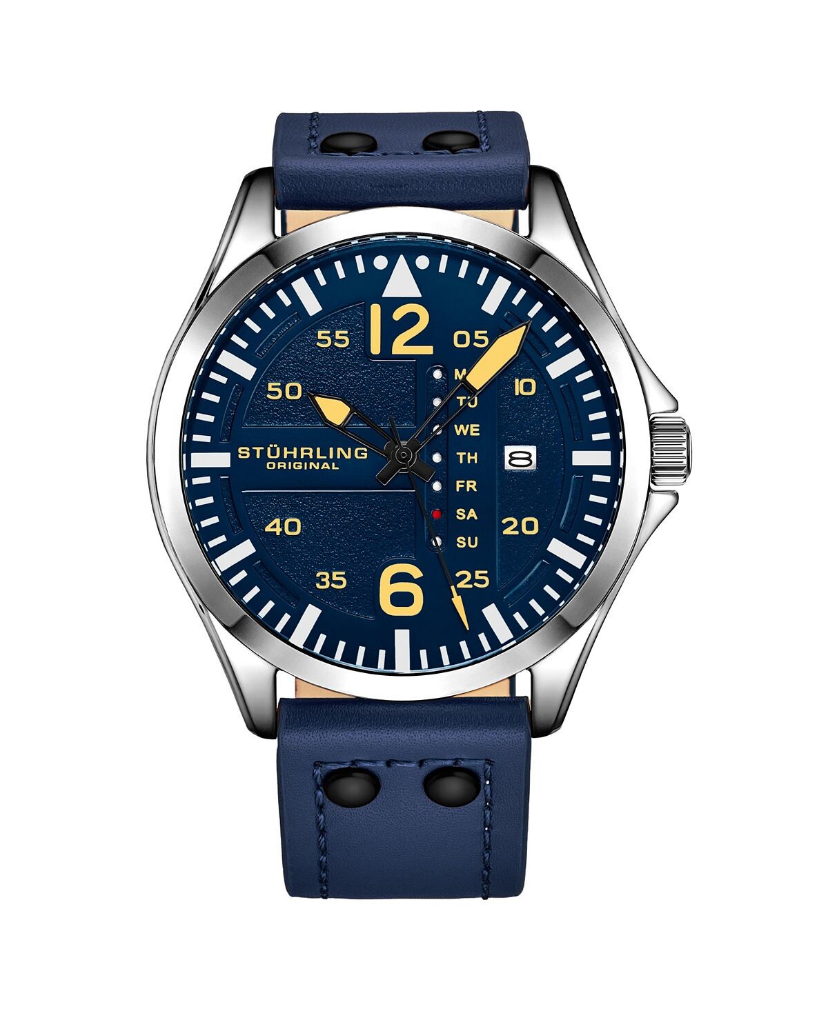 

Мужские часы Aviator, синяя кожа, синий циферблат, круглые часы 51 мм Stuhrling