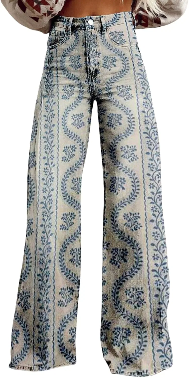 Джинсы с цветочным принтом, Women's Wide Leg Flared Jeans, 16
