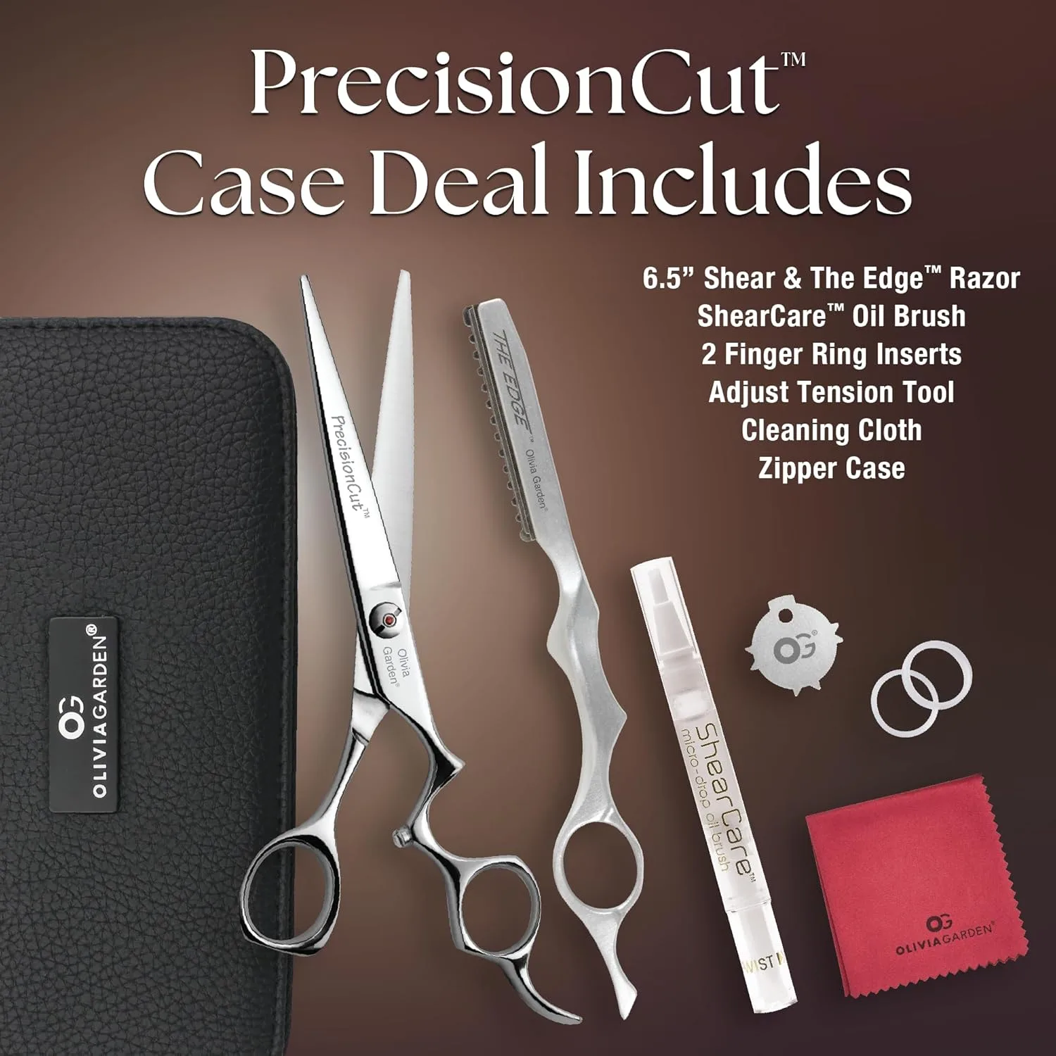 Набор профессиональных парикмахерских ножниц Olivia Garden PrecisionCut с футляром и бритвой Edge - 6 предметов. Набор 6.5" (PS-C05): PS-650, бритва RZ-E — фото 2