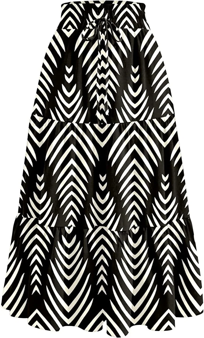 Generic Юбки миди для женщин, эластичная, с высокой талией, на шнуровке, многослойная, с цветочным принтом, присборенная, с оборками, А-силуэт, с карманом, A21 Khaki — фото 3