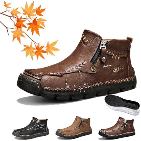 

Мужские ручной работы ортопедические кожаные лоферы для улицы, мужские прошитые вручную удобные водонепроницаемые мокасины с широким носком, с боковой молнией, на плоской подошве, противоскользящие Wxdstw, коричневый