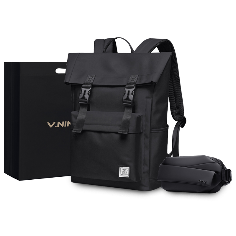 

V.NINE Синтетический кожаный рюкзак для студентов, Obsidian Black (Style 4) 2-Piece Set