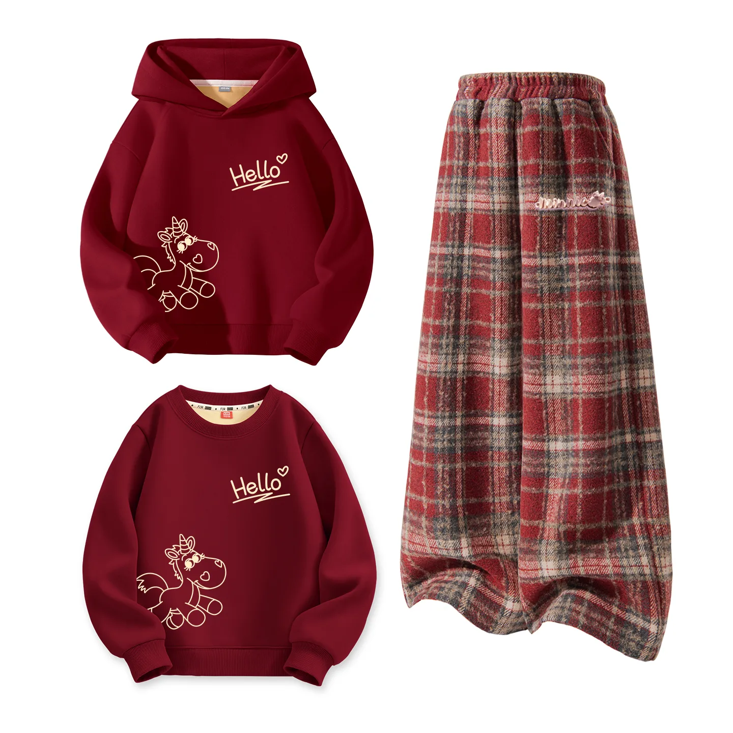 Disney Kids Tang Suits Crew Neck Thickness, [Thickened and Fleece-Lined]Di Lucky Line K Burgundy+Di Long Metal Label K Red Plaid+Di Lucky Line K Burgundy — фото 3
