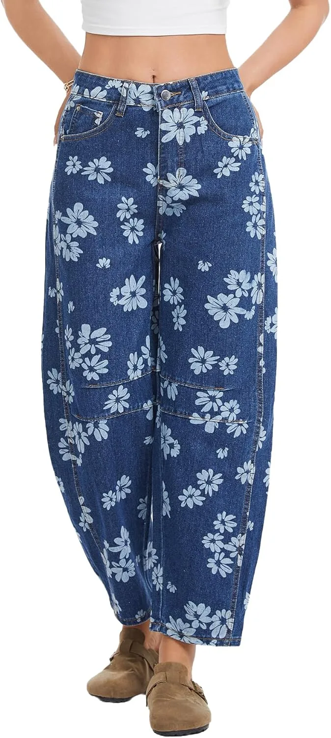 

Джинсы для женщин Barrel с цветочным принтом Mid Rise Wide Leg Wpeiusc