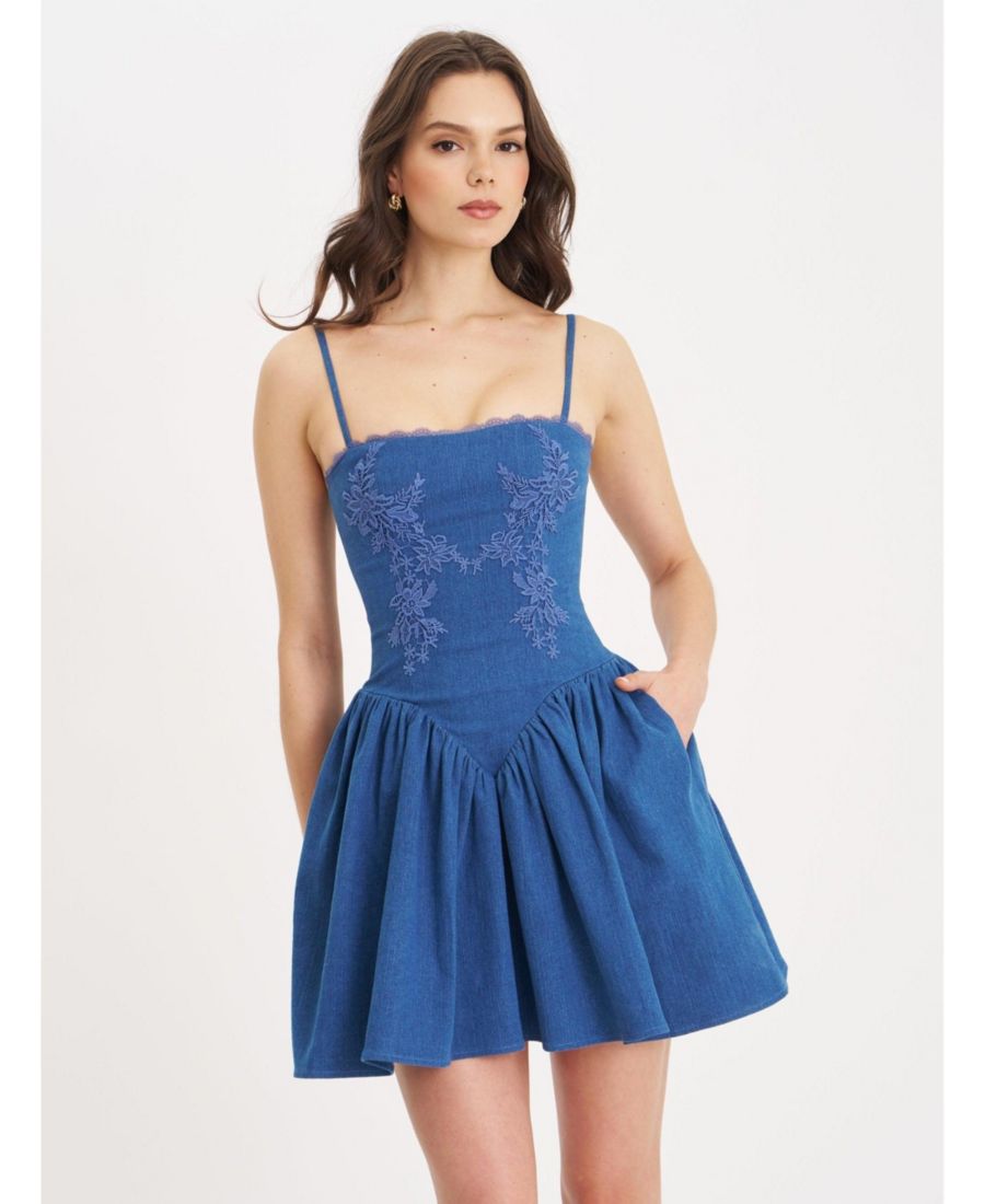 

Женское хлопковое джинсовое мини-платье Zafira с заниженной талией и корсетом Miss Circle, Denim blue