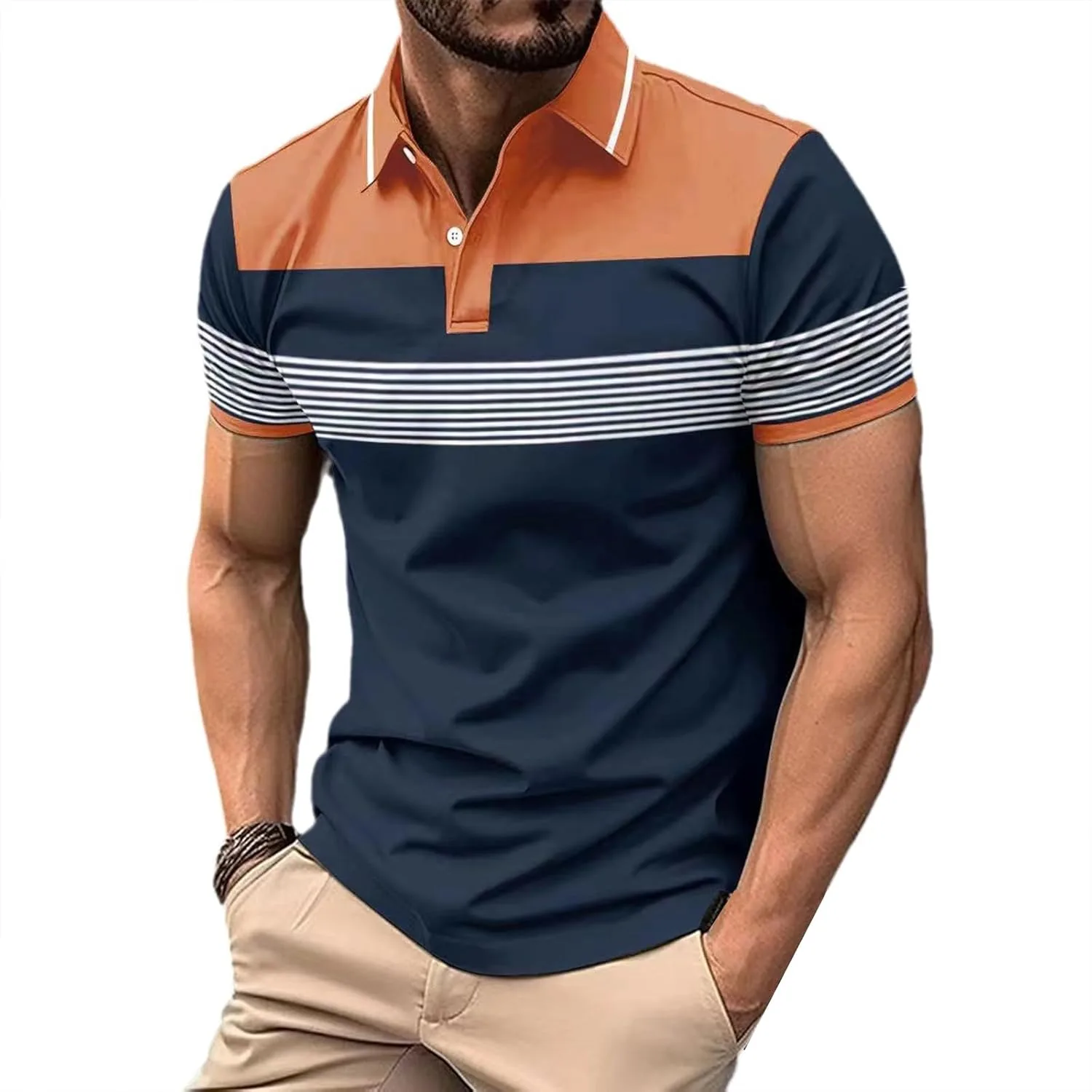 

Футболка-поло для мужчин с цветными блоками, короткий рукав, классическая полоска, облегающий крой RSZGSWS