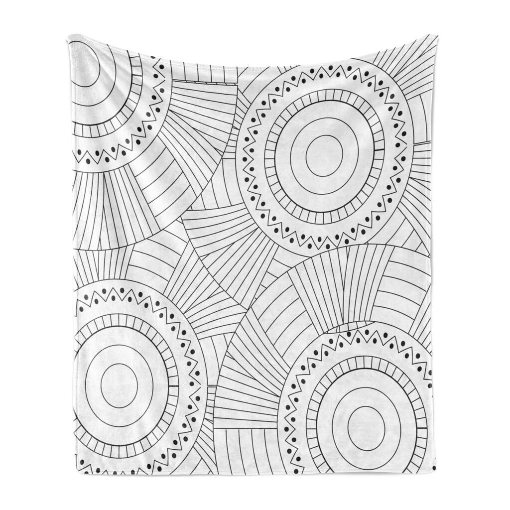 

ABAKUHAUS Vintage Tribal Мягкое фланелевое флисовое одеяло, круглый узор с непрерывным вложенным контуром и абстрактным орнаментом, 175 x 230 см, угольно-серый и белый