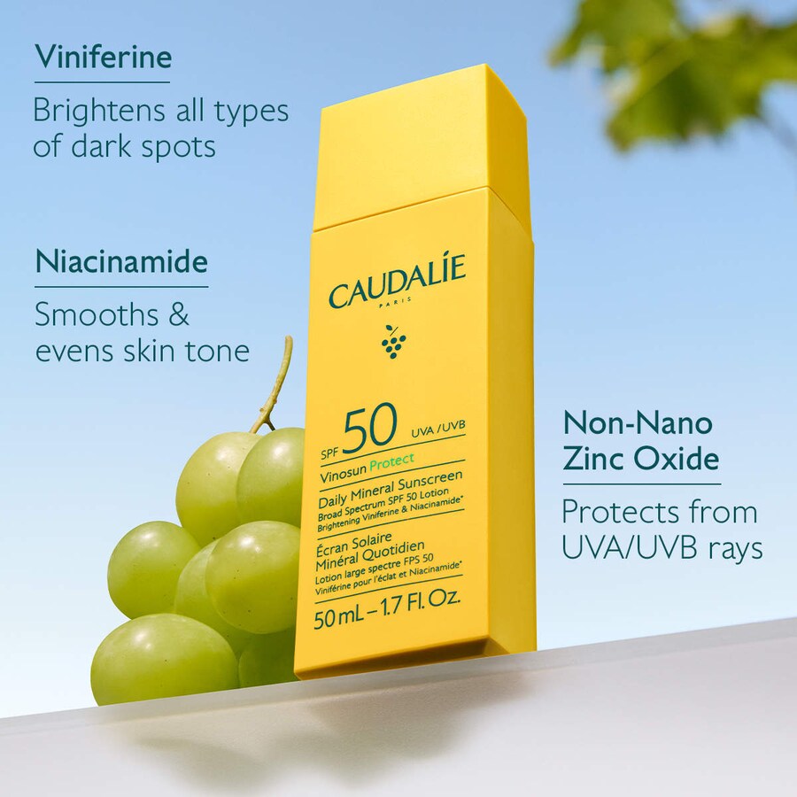 Осветляющий минеральный солнцезащитный крем для лица Vinosun Protect SPF 50 с ниацинамидом Caudalie, 1.7 oz /50 ml — фото 2