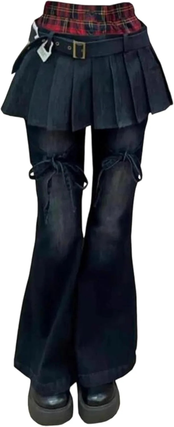 

Женские джинсы Mid Waist Flared с дизайном Fake Two Piece, свободный крой Bell Bottom