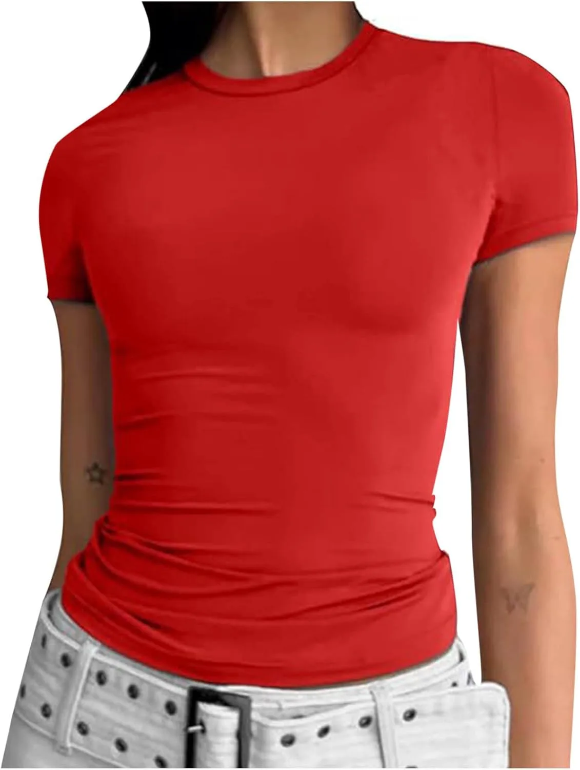 

Женская футболка Basic летняя укороченная с коротким рукавом и Crewneck