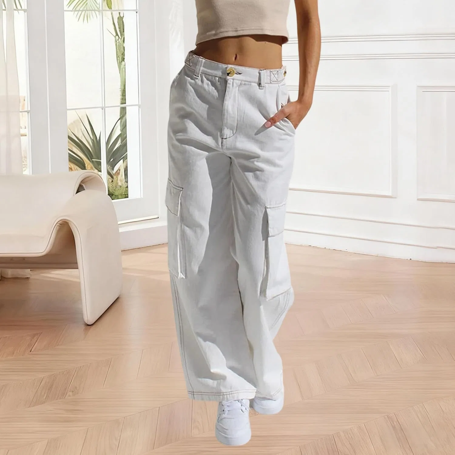 Джинсы свободные, Military, White — фото 4