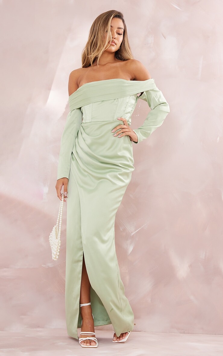 

PrettyLittleThing Зеленое платье макси с вырезом и открытыми плечами для подружки невесты, Зеленый, PrettyLittleThing Зеленое платье макси с вырезом и открытыми плечами для подружки невесты