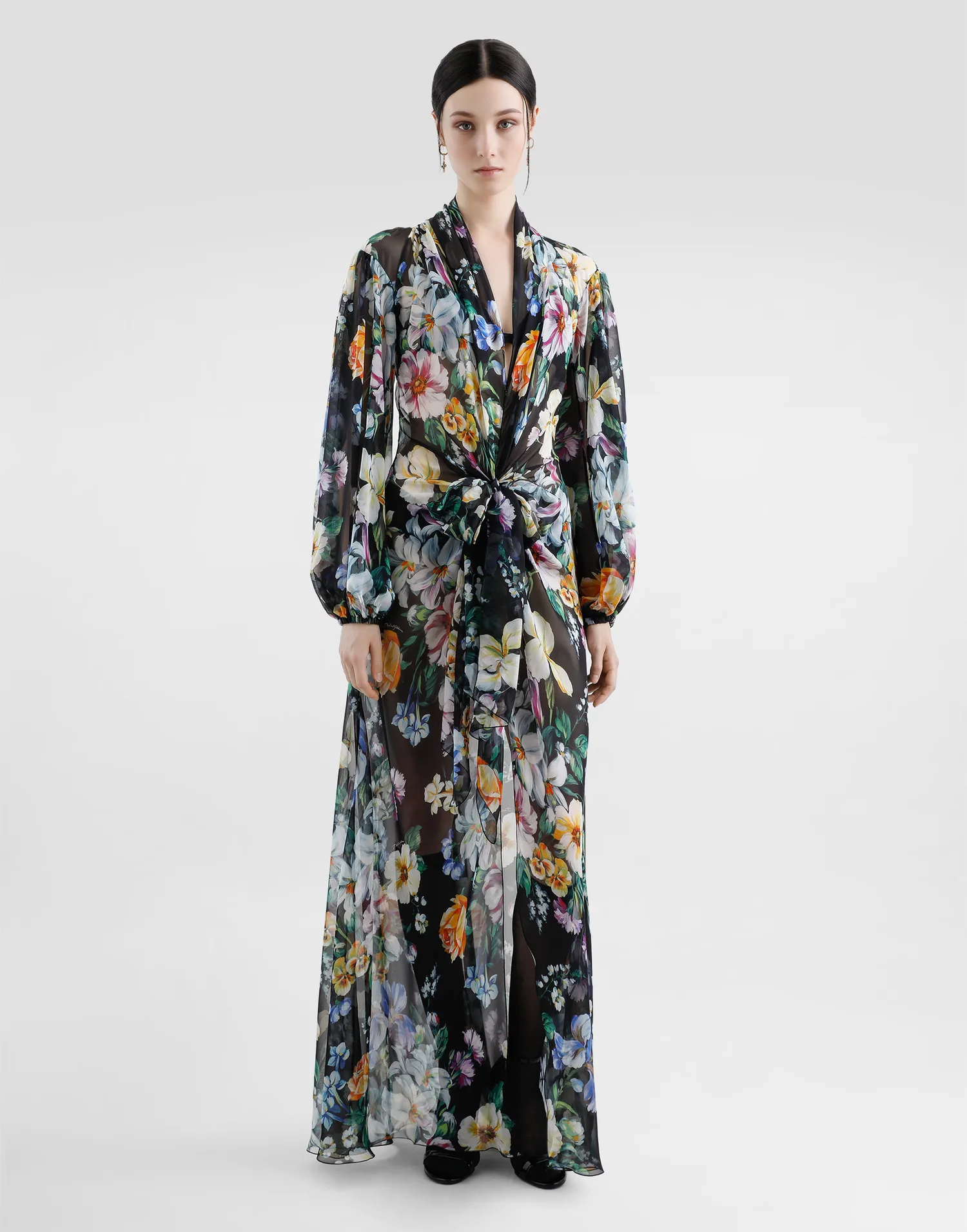 Длинное шифоновое платье с цветочным принтом DOLCE & GABBANA, белый — фото 2
