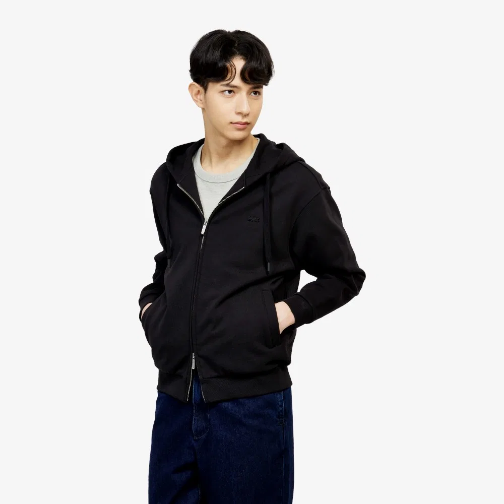 Мужская базовая толстовка на молнии с капюшоном Lacoste French Terry, чёрная — фото 2