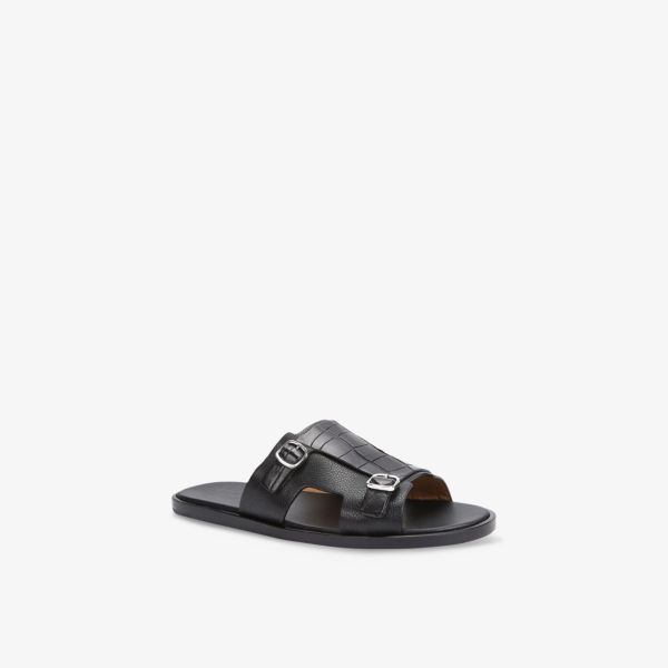 Мужские сандалии Santoni кожаные с двойной пряжкой и эффектом крокодиловой кожи, черный — фото 3