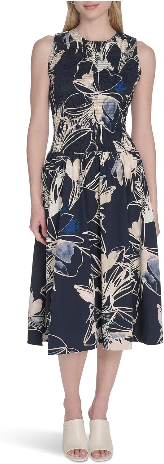 

Женское платье Calvin Klein со сборками и эластичным лифом для теплой погоды, Indigo Multi