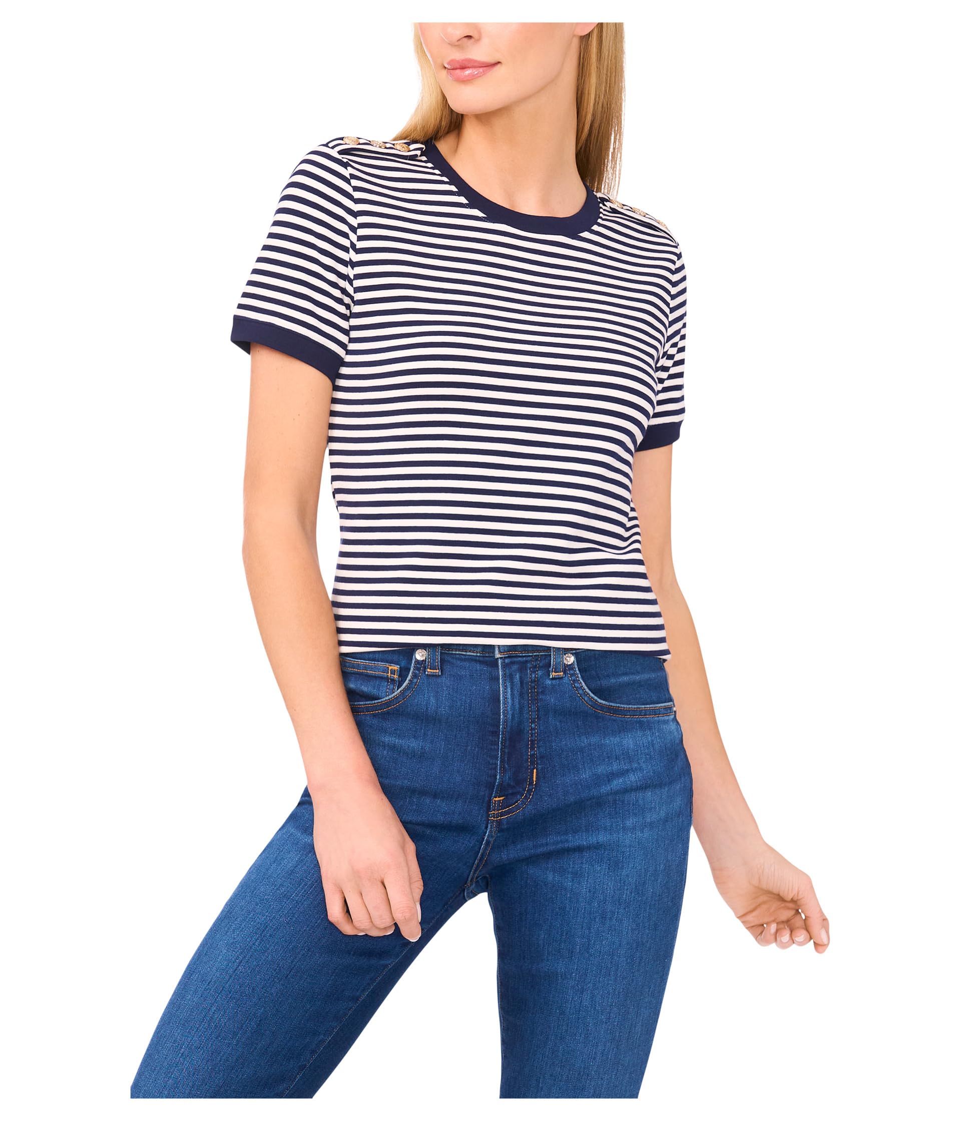 

Футболка CeCe Striped Baby Tee With Crest Button Detail, Classic Navy