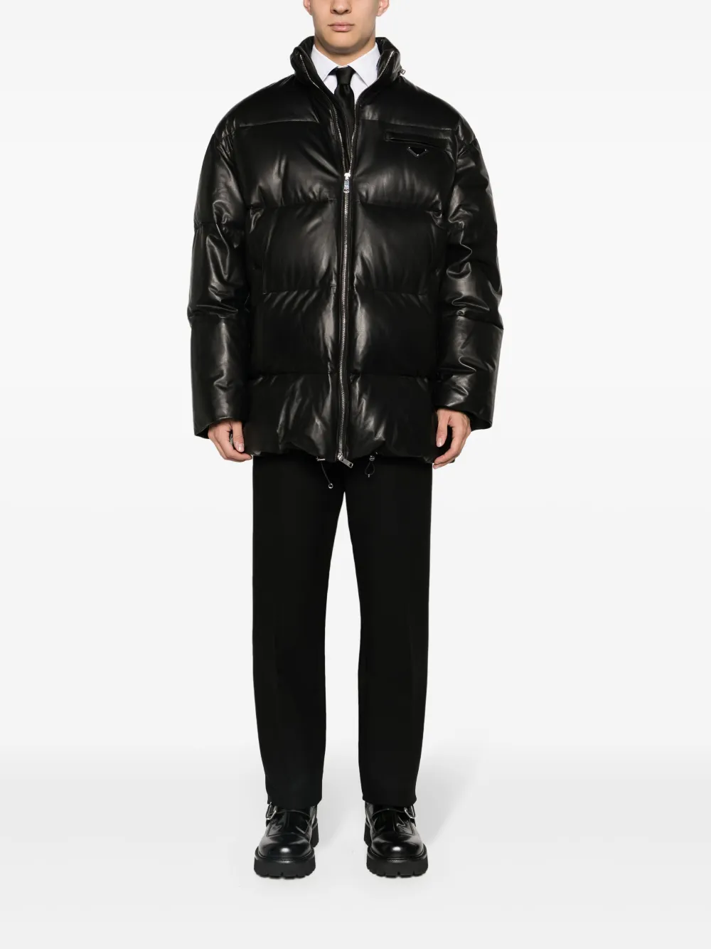 Пуховик Prada из кожи, черный