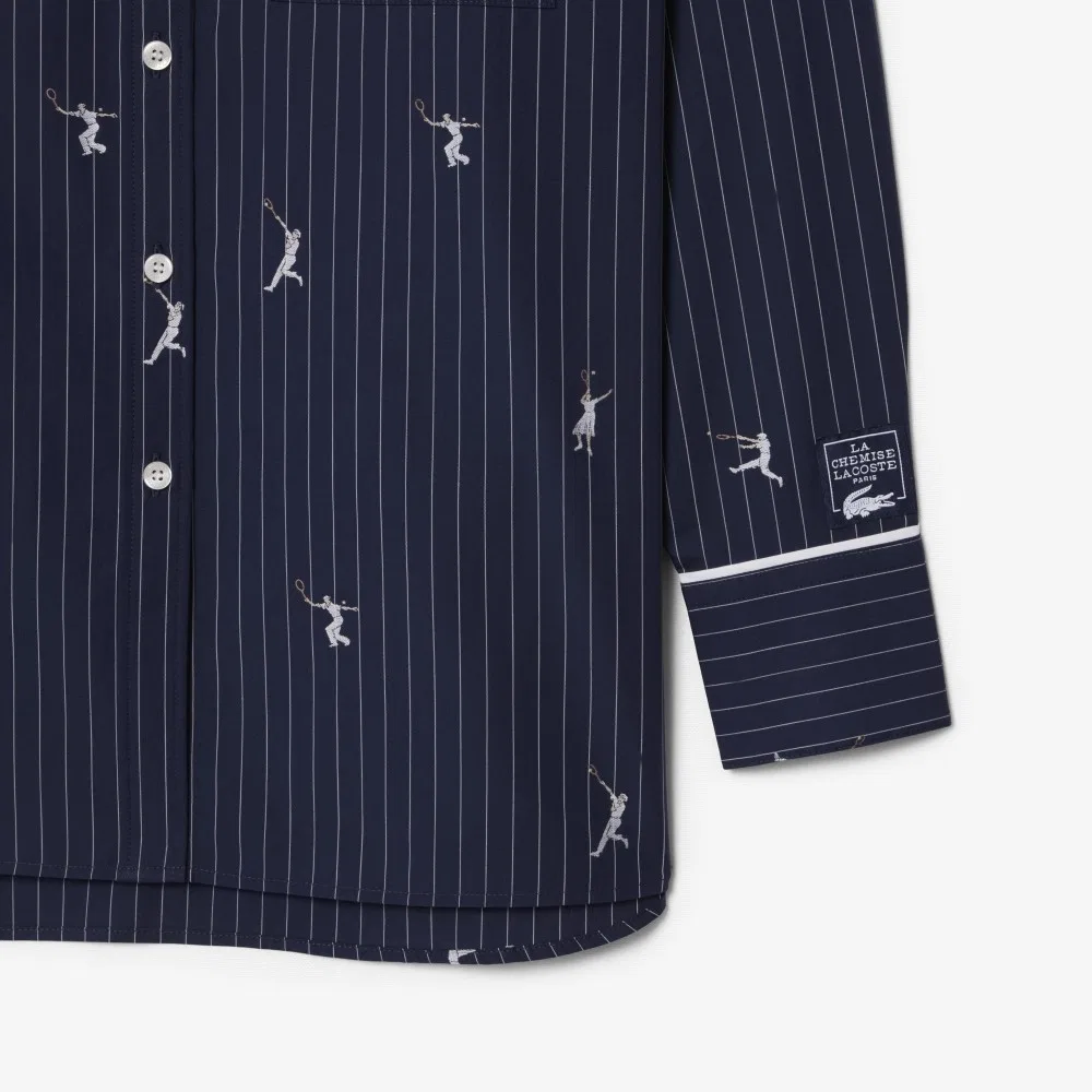 Рубашка Lacoste полосатая с вышивкой, тёмно-синяя — фото 3