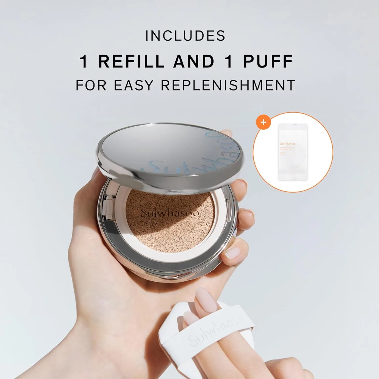 Sulwhasoo Perfecting Cushion SPF 46, легкий долговечный тональный крем, выравнивает тон и скрывает несовершенства, усиливает сияние, полуматовое покрытие, Almond — фото 4