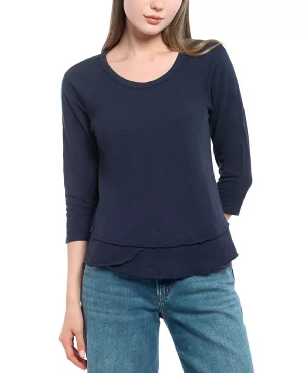 

Футболка с рукавами 3/4, укороченная, с круглым вырезом, имитация многослойной одежды. Wilt Clothing, синий