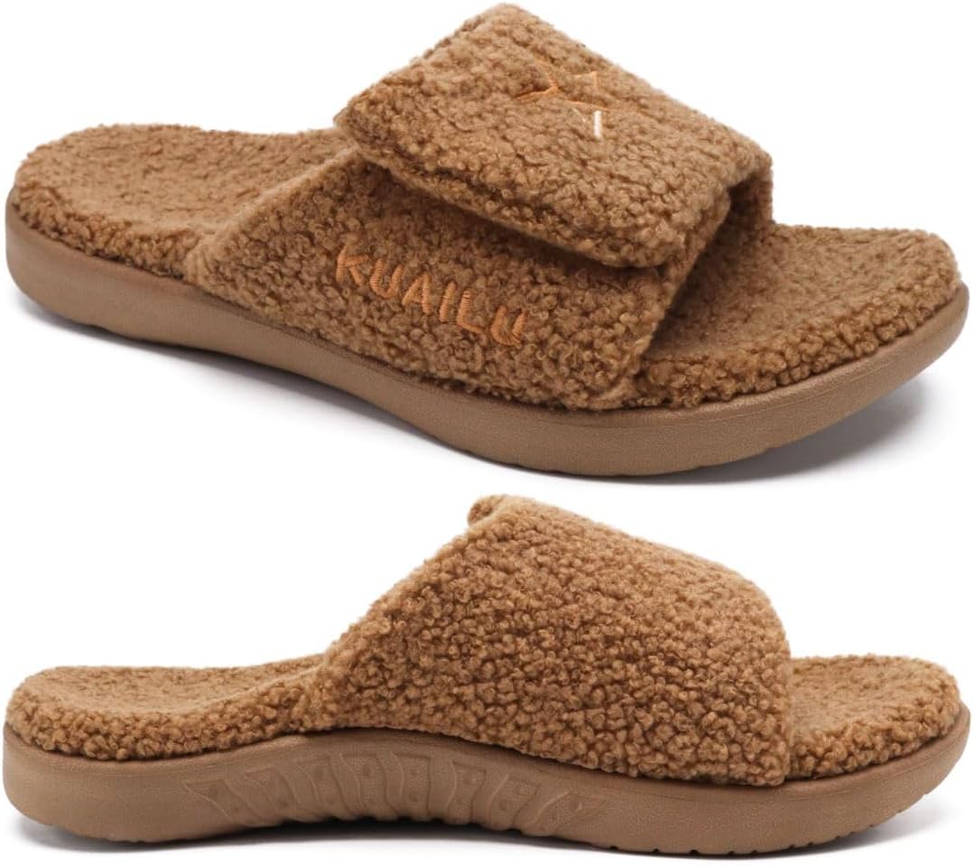 

Мужские домашние тапочки KuaiLu, регулируемые, с мягкой подушкой, мехом, с поддержкой свода стопы, удобные с открытым носком, тапочки-слипоны для дома и улицы, хаки