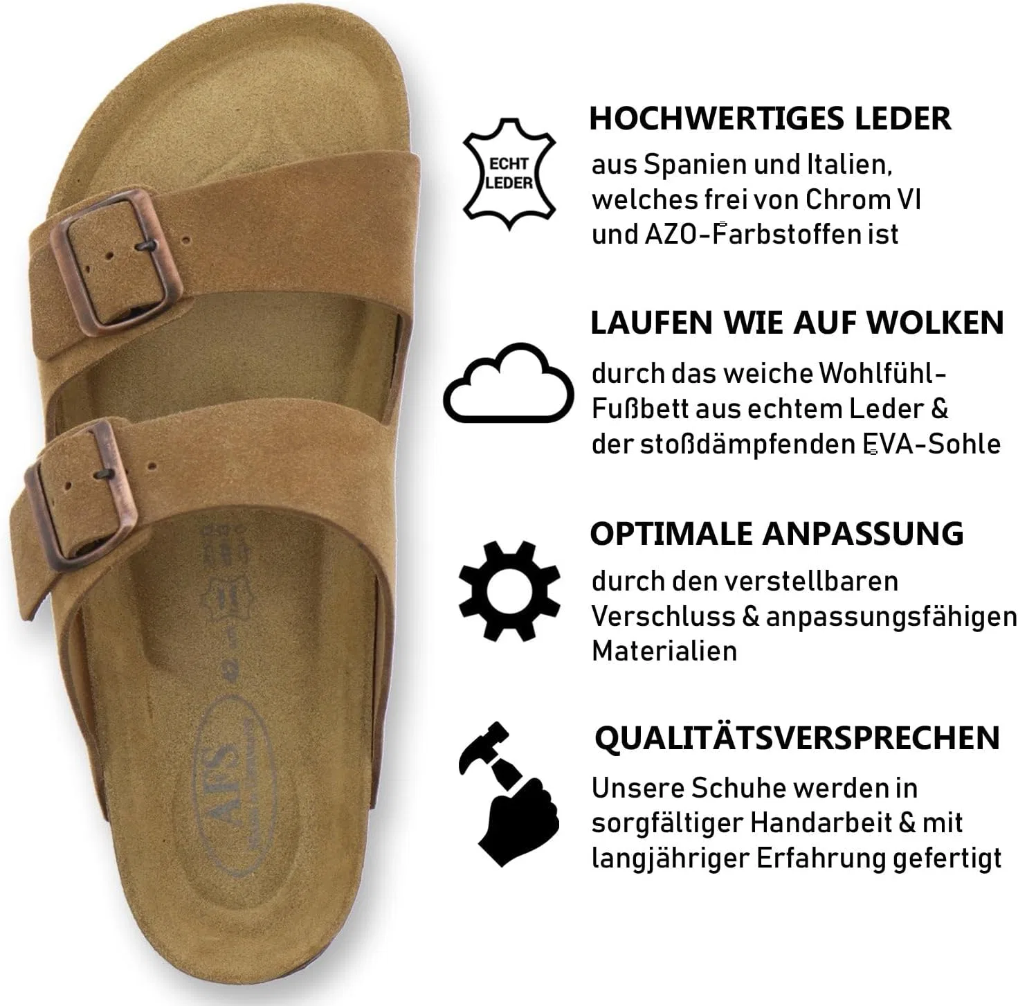 Удобные мужские кожаные мюли, сандалии и тапочки AFS-Schuhe, размеры 3,5-14 UK (36-50 EU), производство Германия, Cognac — фото 2