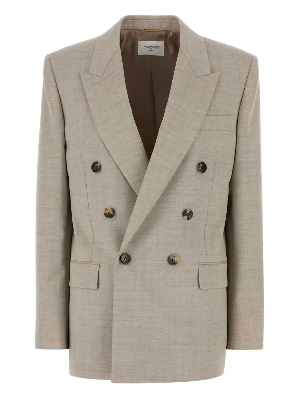 Двубортный шерстяной блейзер Saint Laurent, нейтральный