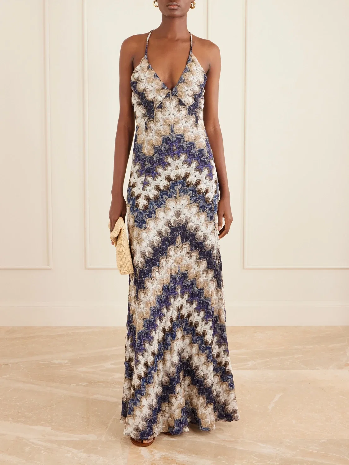 Вязаное макси-платье в полоску с металлизированной нитью Missoni, синий — фото 2