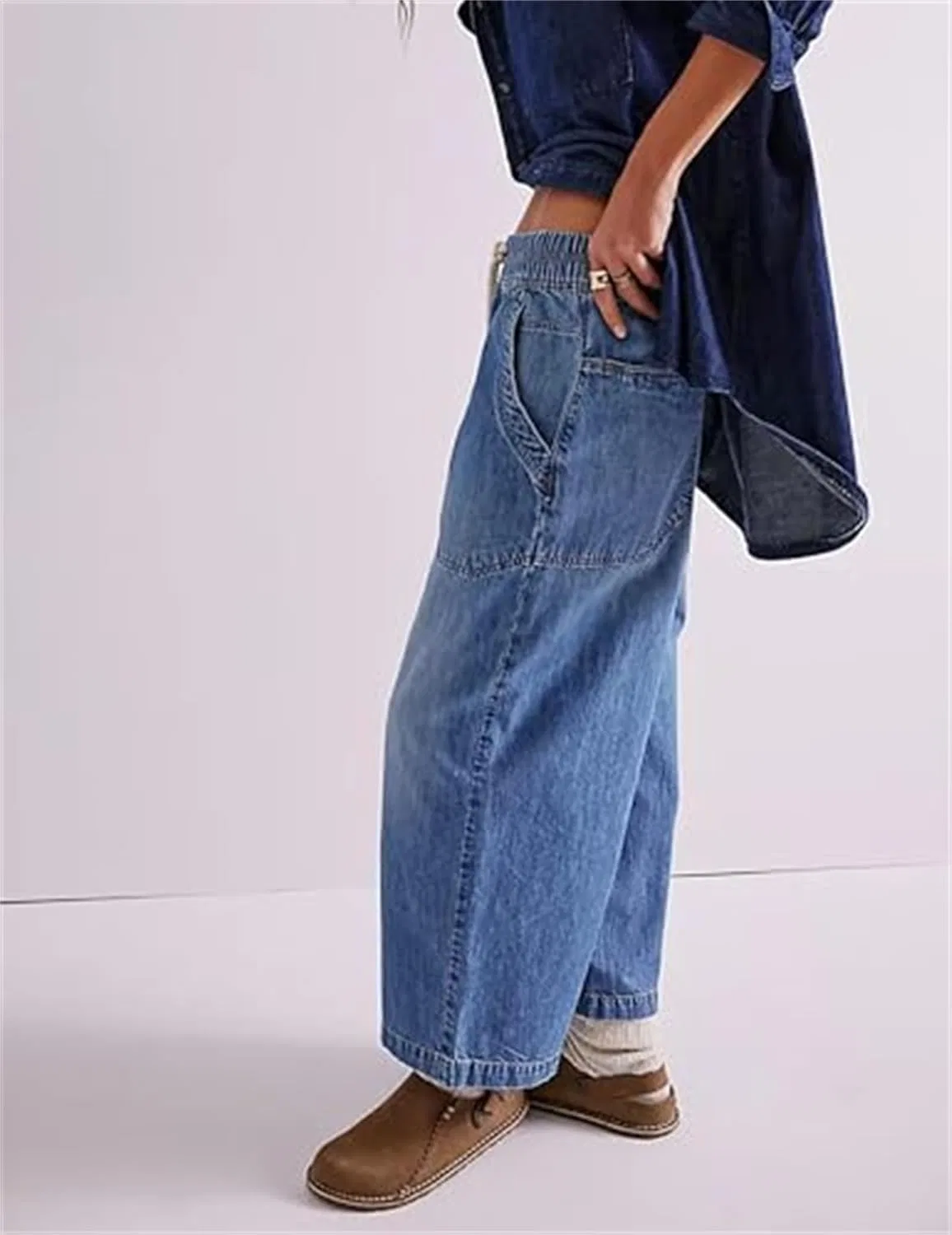 Джинсы свободные, Women's Drawstring Mid Waisted Wide Leg Jeans, Dark Blue — фото 4