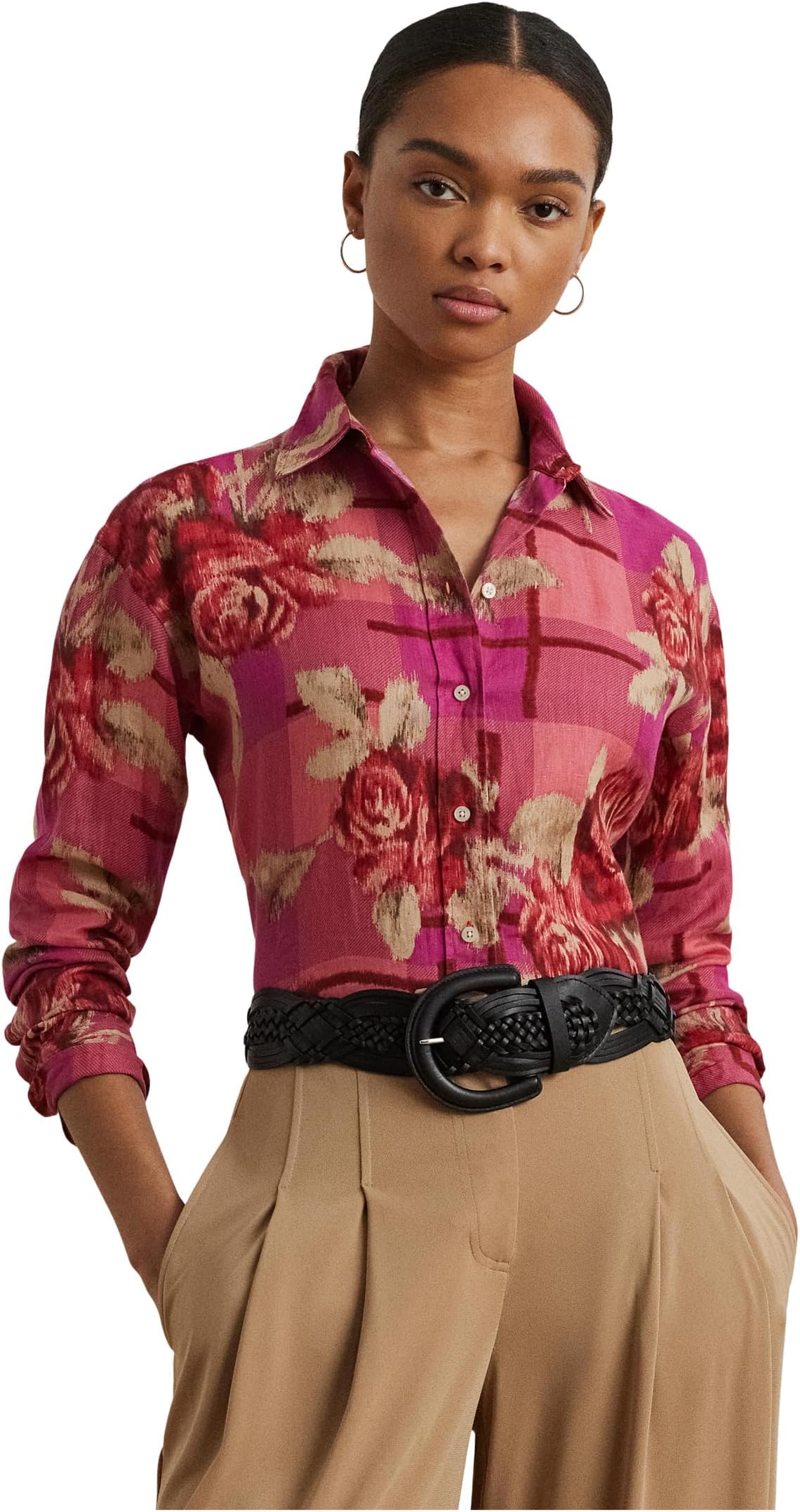 

Рубашка Lauren Ralph Lauren Petite Relaxed Fit Floral Linen Shirt, цвет Red/Pink/Multi