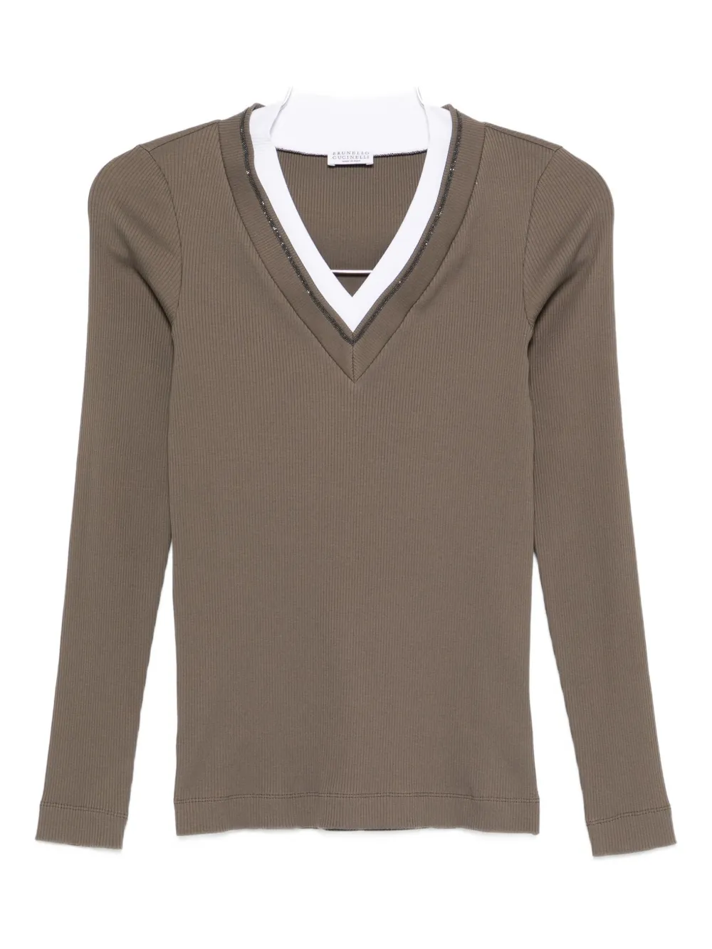 

Футболка с V-образным вырезом в рубчик и отделкой Brunello Cucinelli, зеленый