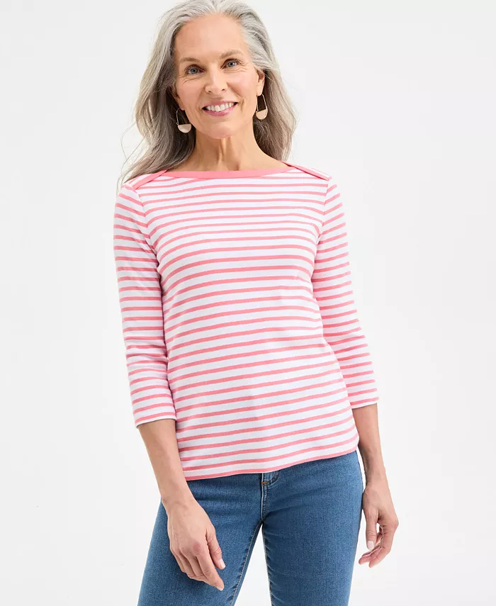 

Петит топ из хлопка в полоску с лодочкой и рукавом 3/4 Style & Co, розовый