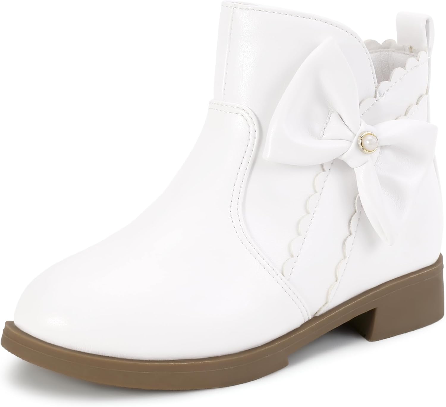

Детские/маленькие девочковые модные короткие ботильоны PANDANINJIA Clara с жемчугом и бантом на платье, с застежкой-молнией, White Pu