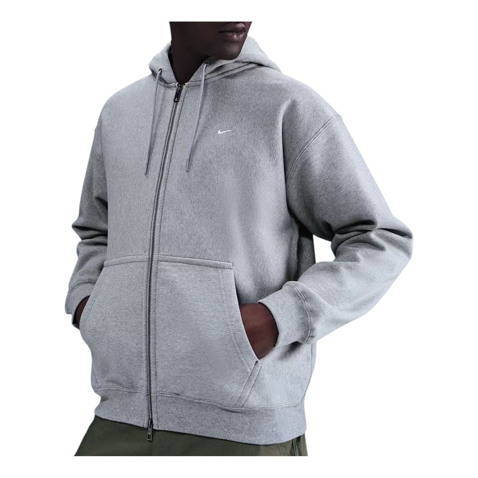 

Толстовка Nike Solo Swoosh на молнии из флиса, цвет темно-серый меланж, светло-дымчатый, серый, белый