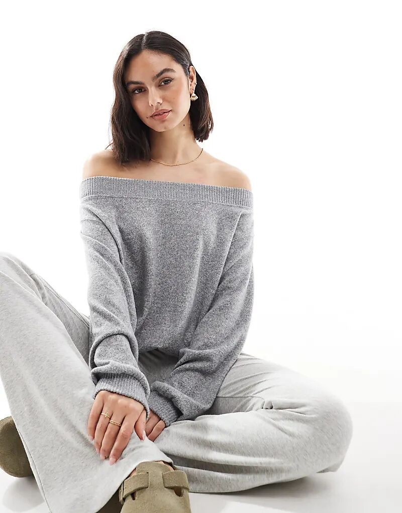 

Трикотажный топ Bershka с открытыми плечами серого меланжевого цвета