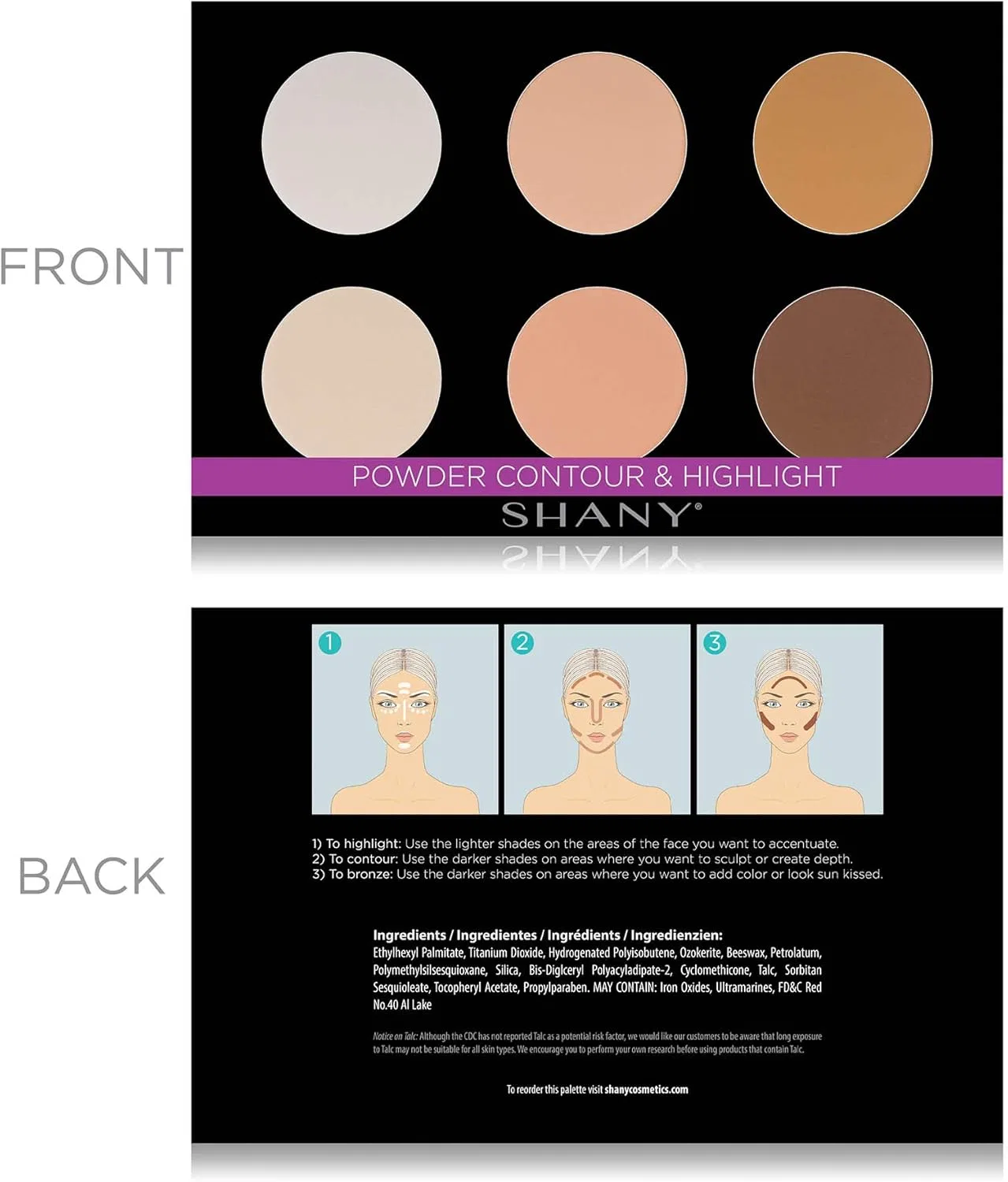 Палетка для контурирования и хайлайтера SHANY Powder Contour & Fluorescent Sculpting Palette, 6 оттенков, матовая — фото 2