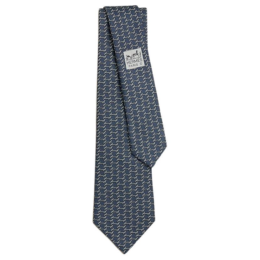 

HERMES Шелковый галстук мужской морской синий со светло-серым, Marine Blue/Light Gray