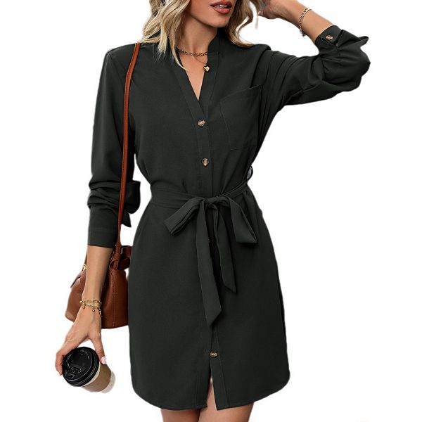 

Женское платье-рубашка с длинным рукавом, V-образным вырезом и поясом Yesfashion, Black