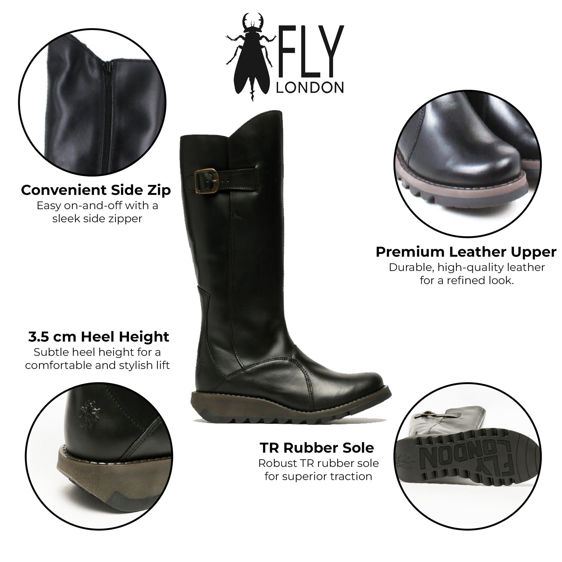 Ботинки Fly London женские черные MOL 2 на платформе с молнией до колена — фото 2