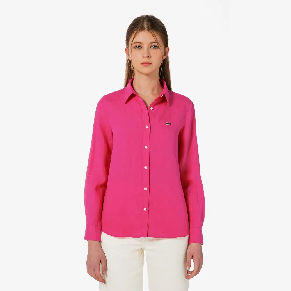 Рубашка Lacoste льняная Regular Fit, розовая — фото 4
